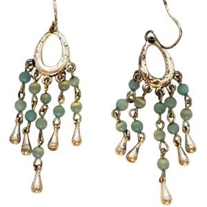 Boho Silver Tone Seafoam Green Beaded Chandelier Dangle Earrings Teardrop Fringe